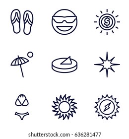 Sun icons set. set of 9 sun outline icons such as sun, star, umbrella, flip flops, swimsuit