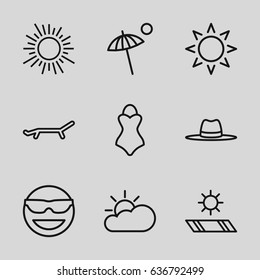 Sun icons set. set of 9 sun outline icons such as hat, umbrella