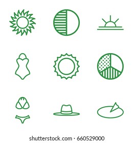 Sun icons set. set of 9 sun outline icons such as sun, hat, brightness