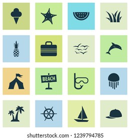 Sun icons set with baseball cap, pineapple, ship helm and other trees elements. Isolated vector illustration sun icons.
