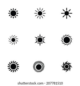 sun icons set, black on white background