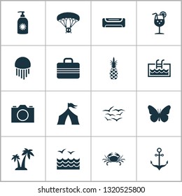 Sun icons set with camera, air conditioning, sunscreen and other skydiving elements. Isolated vector illustration sun icons.