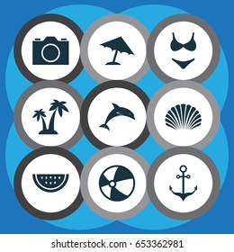 Sun Icons Set. Collection Of Armature, Bikini, Balloon And Other Elements. Also Includes Symbols Such As Cocos, Ball, Trees.