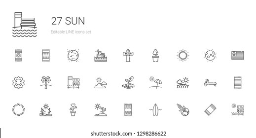 sun icons set. Collection of sun with asteroid, surfboard, beach towel, drought, plant, field, beach, cloudy, palm tree, deck chair, greece, moon. Editable and scalable sun icons.