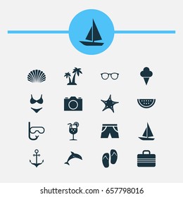 Sun Icons Set. Collection Of Baggage, Armature, Bikini And Other Elements. Also Includes Symbols Such As Boat, Bikini, Watermelon.