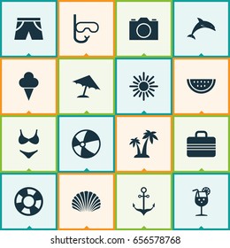 Sun Icons Set. Collection Of Balloon, Sorbet, Lifesaver And Other Elements. Also Includes Symbols Such As Beach, Suitcase, Sea.