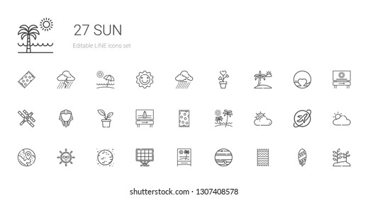 sun icons set. Collection of sun with beach towel, jupiter, beach, solar panel, moon, travel, cloudy, surfboard, plant, egyptian, space station. Editable and scalable sun icons.