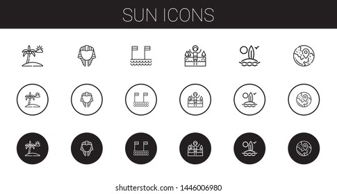 sun icons set. Collection of sun with beach, egyptian, lake, surfboard, travel. Editable and scalable sun icons.