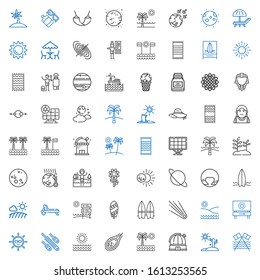 iconos de sol. Colección de sol con playa, sequía, observatorio, palmera, meteorito, meteoritos, cometa, tabla de surf, tumbona, campo, plutonio. Iconos solares editables y escalables.