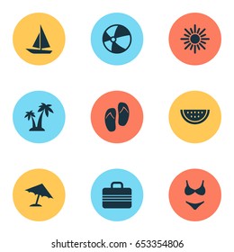 Sun Icons Set. Collection Of Beach Sandals , Sunny, Trees Elements. Also Includes Symbols Such As Sea, Balloon, Hot.
