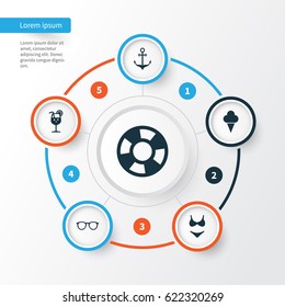 Sun Icons Set. Collection Of Bikini, Dinghy, Sweets And Other Elements. Also Includes Symbols Such As Anchor, Suit, Dinghy.