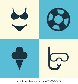 Sun Icons Set. Collection Of Bikini, Sweets And Other Elements. Also Includes Symbols Such As Tube, Mask.