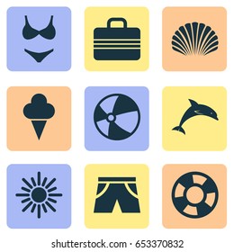 Sun Icons Set. Collection Of Bikini, Balloon, Lifesaver And Other Elements. Also Includes Symbols Such As Shell, Lifebuoy, Suitcase.