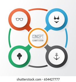 Sun Icons Set. Collection Of Bikini, Sorbet, Spectacles And Other Elements. Also Includes Symbols Such As Sunshades, Suit, Ship.