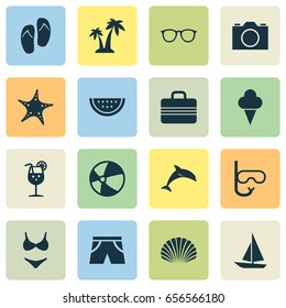 Sun Icons Set. Collection Of Bikini, Sorbet, Video And Other Elements. Also Includes Symbols Such As Suitcase, Photo, Valise.