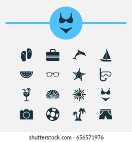 Sun Icons Set. Collection Of Bikini, Beach Sandals , Smelting Elements. Also Includes Symbols Such As Smelting, Watermelon, Juice.