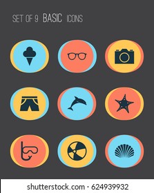Sun Icons Set. Collection Of Conch, Video, Tube And Other Elements. Also Includes Symbols Such As Circle, Video, Fish.