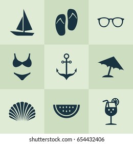 Sun Icons Set. Collection Of Conch, Bikini, Melon And Other Elements. Also Includes Symbols Such As Ship, Drink, Anchor.