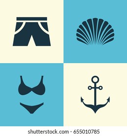 Sun Icons Set. Collection Of Conch, Bikini, Smelting And Other Elements. Also Includes Symbols Such As Smelting, Swimming, Shorts.