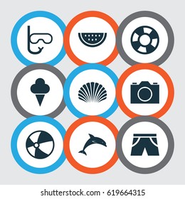 Sun Icons Set. Collection Of Dinghy, Mammal, Conch And Other Elements. Also Includes Symbols Such As Boat, Video, Ice.