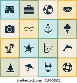 Sun Icons Set. Collection Of Dinghy, Ship, Parasol And Other Elements. Also Includes Symbols Such As Suitcase, Starfish, Fish.