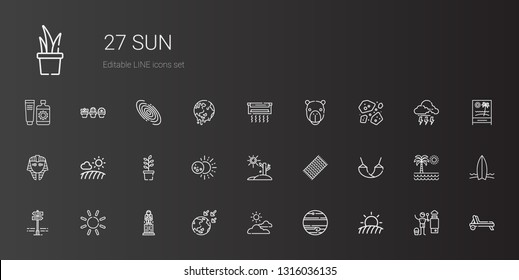 sun icons set. Collection of sun with field, jupiter, cloudy, global warming, astronaut, panels, hammock, beach towel, drought, eclipse, plant. Editable and scalable sun icons.