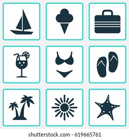 Sun Icons Set. Collection Of Forceps, Baggage, Sweets And Other Elements. Also Includes Symbols Such As Starfish, Vitamin, Juice.
