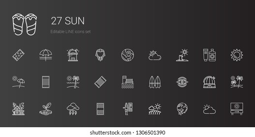 sun icons set. Collection of sun with global warming, field, thermostat, beach towel, storm, drought, nebula, surfboard, beach, cloudy, travel. Editable and scalable sun icons.