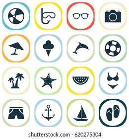 Sun Icons Set. Collection Of Goggles, Bead, Sweets And Other Elements. Also Includes Symbols Such As Dolphin, Tongs, Dinghy.