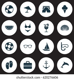 Sun Icons Set. Collection Of Goggles, Forceps, Vitamin And Other Elements. Also Includes Symbols Such As Parasol, Anchor, Fish.