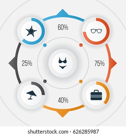 Sun Icons Set. Collection Of Goggles, Parasol, Star And Other Elements. Also Includes Symbols Such As Valise, Starfish, Umbrella.