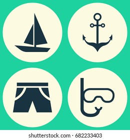 Sun Icons Set. Collection Of Goggles, Armature, Ship And Other Elements. Also Includes Symbols Such As Smelting, Armature, Sea.