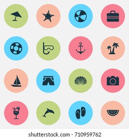 Sun Icons Set. Collection Of Goggles, Baggage, Smelting And Other Elements. Also Includes Symbols Such As Suitcase, Boat, Shorts.
