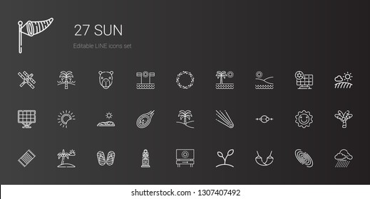 sun icons set. Collection of sun with hammock, plant, beach, astronaut, flip flop, beach towel, solar system, comet, palm tree, meteorite, field. Editable and scalable sun icons.