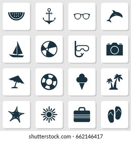 Sun Icons Set. Collection Of Lifesaver, Armature, Trees And Other Elements. Also Includes Symbols Such As Cocos, Lifebuoy, Video.