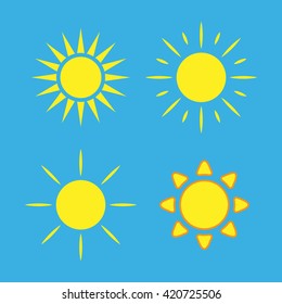 Sun icons set. Collection light yellow signs with sunbeam. Design elements, isolated on blue background. Symbol of sunrise, heat, sunny and sunset, morning, sunlight. Flat style. Vector Illustration.