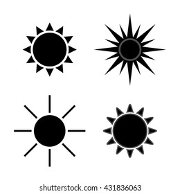 Sun icons set. Collection light gray signs with sunbeam. Design elements, isolated on white background. Symbol of sunrise, heat, sunny and sunset, morning, sunlight. Flat style. Vector Illustration.