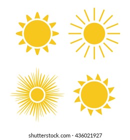 Sun icons set. Collection light yellow signs with sunbeam. Design elements, isolated on white background. Symbol of sunrise, heat, sunny and sunset, morning, sunlight. Flat style. Vector Illustration.