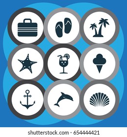 Sun Icons Set. Collection Of Mammal, Trees, Sorbet And Other Elements. Also Includes Symbols Such As Starfish, Anchor, Palms.
