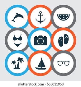 Sun Icons Set. Collection Of Mammal, Beach Sandals , Bikini Elements. Also Includes Symbols Such As Sandals, Citrus, Anchor.
