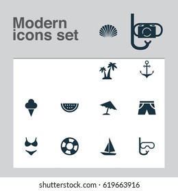 Sun Icons Set. Collection Of Melon, Bikini, Conch And Other Elements. Also Includes Symbols Such As Armature, Palms, Camera.