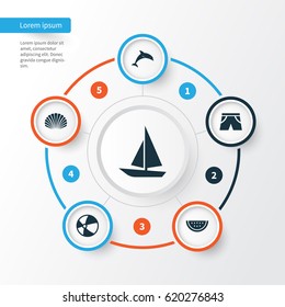 Sun Icons Set. Collection Of Melon, Conch, Mammal And Other Elements. Also Includes Symbols Such As Sea, Ball, Dolphin.