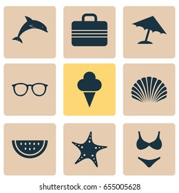 Sun Icons Set. Collection Of Melon, Conch, Star And Other Elements. Also Includes Symbols Such As Umbrella, Sunshades, Star.