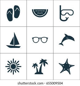 Sun Icons Set. Collection Of Melon, Trees, Tube And Other Elements. Also Includes Symbols Such As Swimming, Watermelon, Sun.