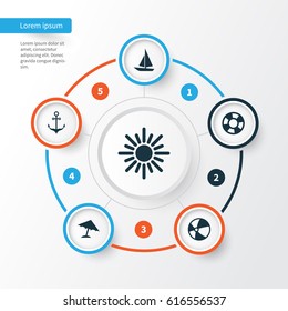 Sun Icons Set. Collection Of Parasol, Ship, Dinghy And Other Elements. Also Includes Symbols Such As Parasol, Circle, Beach.