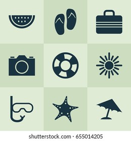 Sun Icons Set. Collection Of Parasol, Tube, Beach Sandals Elements. Also Includes Symbols Such As Mask, Star, Sun.