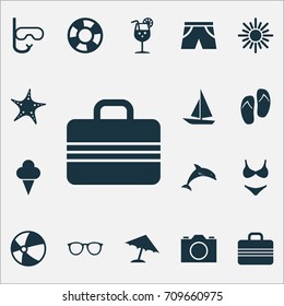 Sun Icons Set. Collection Of Parasol, Lemonade, Sea Star And Other Elements. Also Includes Symbols Such As Beach, Flip, Ice.