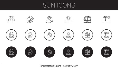sun icons set. Collection of sun with sea, storm, moon, observatory, beach. Editable and scalable sun icons.