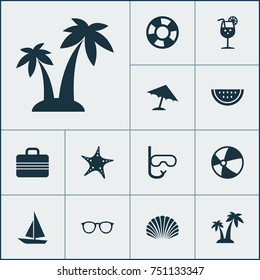 Sun Icons Set. Collection Of Sea Star, Trees, Parasol And Other Elements. Also Includes Symbols Such As Swimming, Sunshades, Conch.