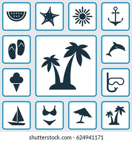 Sun Icons Set. Collection Of Ship, Parasol, Star And Other Elements. Also Includes Symbols Such As Sea, Anchor, Trees.